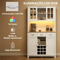 HOMCOM Alacena de Cozinha com Iluminação LED Controlada por APP Tampo para Micro-ondas Suporte para Garrafas Portas de Vidro Branco(m-5)