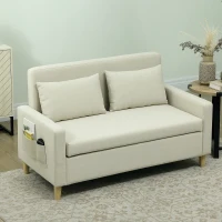 HOMCOM Sofá de 2 Lugares Estofado em Linho Sintético com Espaço de Armazenamento 2 Almofadas e Pés de Madeira 135x71x84 cm Bege(m-9)