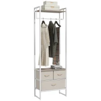 HOMCOM Suporte para Cabides com 3 Gavetas de Tecido Barra para Pendurar e Prateleira para Entrada Quarto 58,5x30x178 cm Natural(m-12)