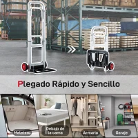 HOMCOM Carretilla de Mano Plegable de Aluminio Carga 90 kg con Ruedas Mango Telescópico Ajustable 40x41x108 cm Plata y Negro(m-6)