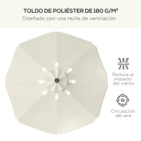 Outsunny Sombrilla de Jardín Manual Ø292x254 cm con 32 Luces LED Solares 8 Varillas Impermeable y Rejillas de Ventilación Crema(m-6)
