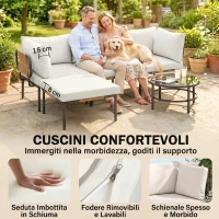 Outsunny Set Giardino 5 Pezzi, Rattan Componibile L con Cuscini, 192x126x60 cm, Colore Cachi(m-6)