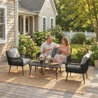 Outsunny Rattan Garden Furniture Set, 4 Piece Outdoor Patio Furniture with Tempered Glass Table and Chairs, Indoor Balcony Conservatory Set(m-9)