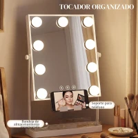 HOMCOM Hollywood Espejo de Maquillaje con Luz 9 Bombillas LED 3 Colores Interruptor Táctil Soporte para Teléfono Blanco(m-5)