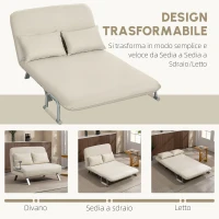 HOMCOM Divano letto 2 posti con schienale regolabile e 2 cuscini, rivestimento in tessuto effetto scamosciato, Beige(m-4)
