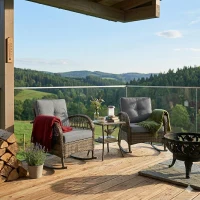 3-teiliges Rattan-Balkonset mit 2 Schaukelstühlen, gehärtetem Glastisch, Schwarz+Grau(m-5)