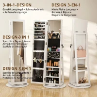 HOMCOM Dulap pentru Bijuterii 3 în 1 Rotativ la 360°, Rafturi din Spate și Ușă cu Cheie, 55x55x161 cm, Alb(m-4)