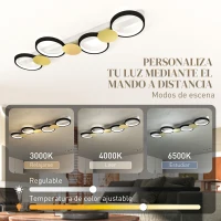 HOMCOM Lámpara de Techo Regulable con 4 Focos Mando a Distancia Modos de Escena 1500 lm 38 W 3000 K-6500 K Negro y Dorado(m-5)