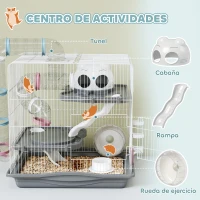 PawHut Jaula para Hámster con Túnel Plataformas Cuenco Bebedero Casita Rampas y Rueda de Ejercicio 45x30x45 cm Gris(m-5)