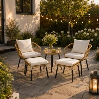 5-teiliges Garten-Lounge-Set, mit 1 Esstisch, 2 Stühlen, 2 Hockern, Weiß+Naturfarbe(m-4)