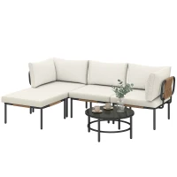 Outsunny Set Giardino 5 Pezzi, Rattan Componibile L con Cuscini, 192x126x60 cm, Colore Cachi(m-15)