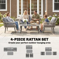 Outsunny Rattan Garden Furniture Set, 4 Piece Outdoor Patio Furniture with Tempered Glass Table and Chairs, Indoor Balcony Conservatory Set(m-4)
