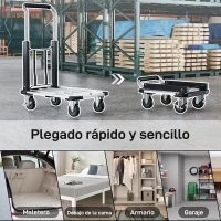 HOMCOM Carretilla de Mano Plegable de Aluminio Carga 150 kg con Ruedas Mango Ajustable y Plataforma Extensible Plata y Negro(m-7)