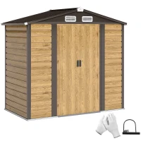 Outsunny Cobertizo Metálico para Jardín 213x120x166/194 cm con Base Refuerzo Puertas Correderas y Ventilaciones Roble(m-10)