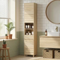 HOMCOM Coluna Casa de Banho Armário Alto de Casa de Banho com Prateleiras Ajustáveis Portas de Ripas Abertura por Pressão 34x23x170 cm Madeira(m-2)