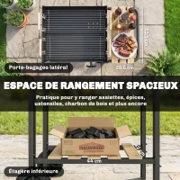 Outsunny Chariot à barbecue de bois avec 2 grilles réglables, barbecue au charbon de bois sur roulettes, tablette latérale, noir(m-6)