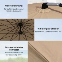 Outsunny Umbrelă de grădină suspendată 2.7m, deschidere cu manivelă și 16 spițe din fibră de sticlă, culoare kaki(m-5)