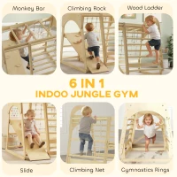 AIYAPLAY 6 in 1 Kids Climbing Frame with Slide, Monkey Bars, Gymnastics Rings, Ladder, Climbing Net, for 3-6 Years, Natural Tone(m-4)
