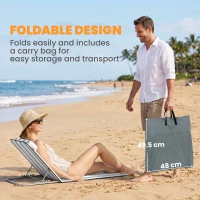 Outsunny Set of 2 Foldable Garden Beach Chair Mat Lightweight Outdoor Sun Lounger Seats Adjustable Back Metal Frame PE Fabric Head Pillow w/ Carry Bag, Light Grey(m-7)