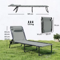 Outsunny Bain de Soleil transat Pliable Dossier inclinable Multi-Positions Acier thermoplastique Lacets élastiques Noir textilène Gris(m-3)