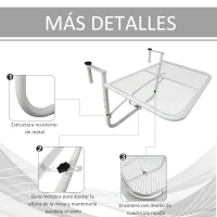 Outsunny Mesa Colgante de Balcón con Brazo Regulable y Altura Ajustable en 3 Posiciones Marco Metálico 60x56x50 cm Blanco(m-6)