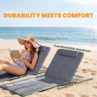 Outsunny Set of 2 Foldable Garden Beach Chair Mat - Lightweight Outdoor Sun Lounger Seats with Adjustable Back, Metal Frame, PE Fabric, Head Pillow, and Carry Bag, Grey(m-6)