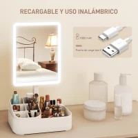 HOMCOM Espejo Maquillaje con Luz Recargable con 2 Modos de Iluminación Rotación de 180° Brillo Ajustable Blanco(m-6)