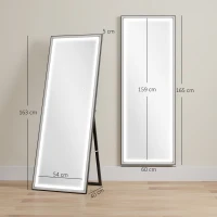 HOMCOM Espelho de Pé  com Luzes 165x60 cm 3 Temperaturas de Cor Brilho Ajustável Independente ou de Parede Branco e Preto(m-3)