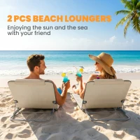 Outsunny Set of 2 Foldable Garden Beach Chair Mat - Lightweight Outdoor Sun Lounger Seats with Adjustable Back, Metal Frame, PE Fabric, Head Pillow, and Carry Bag, Beige(m-4)