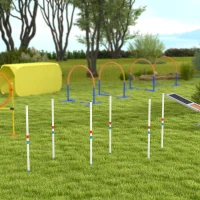 PawHut Dog Agility Equipment Training Adjustable Obstacle Course Set with 6 Weaves Poles Storage Bag for Pet Outdoor Games Exercise(m-9)