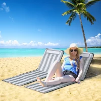 Outsunny Set of 2 Foldable Garden Beach Chair Mat Lightweight Outdoor Sun Lounger Seats Adjustable Back Metal Frame PE Fabric Head Pillow w/ Carry Bag, Light Grey(m-2)