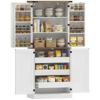 HOMCOM Credenza da Cucina Alta con 4 Porte, 3 Cassetti, 8 Portaspezie e Ripiani Regolabili, 76x40x182 cm, Bianco(m-7)