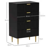 HOMCOM Cómoda 4 cajones cómoda dormitorio mueble de almacenamiento moderno con tiradores y patas doradas, dim. 60 x 40 x 96 cm, negro(m-3)