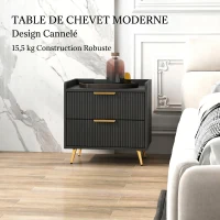 HOMCOM Table de chevet, table de nuit avec 2 tiroirs rainurés, pieds en métal dorés, 50 x 40 x 50 cm, noir(m-7)