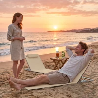 Outsunny Set of 2 Foldable Garden Beach Chair Mat - Lightweight Outdoor Sun Lounger Seats with Adjustable Back, Metal Frame, PE Fabric, Head Pillow, and Carry Bag, Beige(m-8)