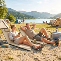Outsunny Set of 2 Foldable Garden Beach Chair Mat - Lightweight Outdoor Sun Lounger Seats with Adjustable Back, Metal Frame, PE Fabric, Head Pillow, and Carry Bag, Beige(m-9)