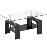 HOMCOM Tavolino da Caffè Moderno a 2 Livelli in Legno e Acciaio con Piano in Vetro Temperato, 90x50x42 cm, Nero(m-1)