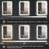 HOMCOM Espejo de Baño con Luces LED 50x70 cm Espejo de Pared Antivaho con 3 Temperaturas de Color Regulable Función de Memoria(m-6)