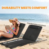 Outsunny Set of 2 Foldable Garden Beach Chair Mat Lightweight Outdoor Sun Lounger Seats Adjustable Back Metal Frame PE Fabric Head Pillow w/ Carry Bag, Black(m-6)