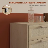 HOMCOM Cassettiera 6 Cassetti in Legno e Rattan Stile Boho per Soggiorno e Camera da Letto, 110x40x75 cm(m-6)
