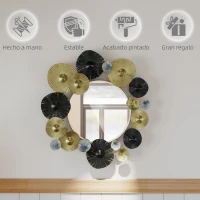 HOMCOM Adorno de Pared Metálico con Espejo Decorativo para Salón Dormitorio Pasillo 84x84 cm Dorado y Negro(m-6)