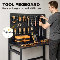 HOMCOM Banco da Lavoro Pieghevole Portatile con Pannello Perforato, Piano Spesso in Legno, Struttura in Acciaio, Nero(m-6)