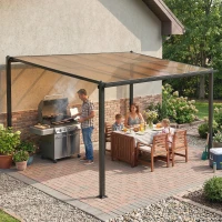 Outsunny Pergola adossée 3,8 x 3 m avec toit en polycarbonate, structure rigide en aluminium avec gouttières intégrées, gris foncé(m-9)