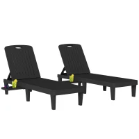 Outsunny Conjunto de 2 Tumbonas Reclinables de Plástico PP con Bandeja Lateral Respaldo Ajustable 5 Niveles 192x57x28,5 cm Negro(m-10)