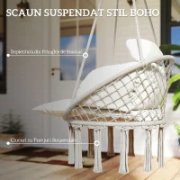 Outsunny Fotoliu Suspendat în Stil Boho cu Pernă, din Oțel, Bumbac și Poliester, 80x60x40 cm, Alb Crem(m-5)