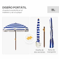 Outsunny Sombrilla de Playa con Flecos Ø190x210 cm con Protección UV40+ Antiviento Impermeable Bolsa de Transporte Azul y Blanco(m-7)