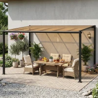 Outsunny Pergola adossée 3,8 x 3 m avec toit en polycarbonate, structure rigide en aluminium avec gouttières intégrées, gris foncé(m-10)