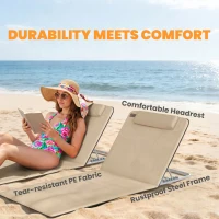 Outsunny Set of 2 Foldable Garden Beach Chair Mat - Lightweight Outdoor Sun Lounger Seats with Adjustable Back, Metal Frame, PE Fabric, Head Pillow, and Carry Bag, Beige(m-6)