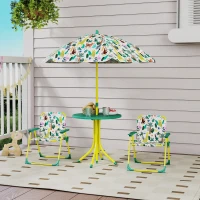 AIYAPLAY Conjunto de Mesa y Sillas Infantil de Jardín de 4 Piezas Sillas Plegables Sombrilla Desmontable Diseño de Jungla Verde(m-2)
