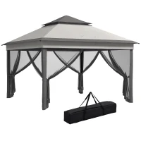 Gazebo Outsunny cu Plase Reglabil pe 3 Nivele, din Oțel și Material Oxford, 326x326x272 cm, Gri Deschis și Închis(m-11)